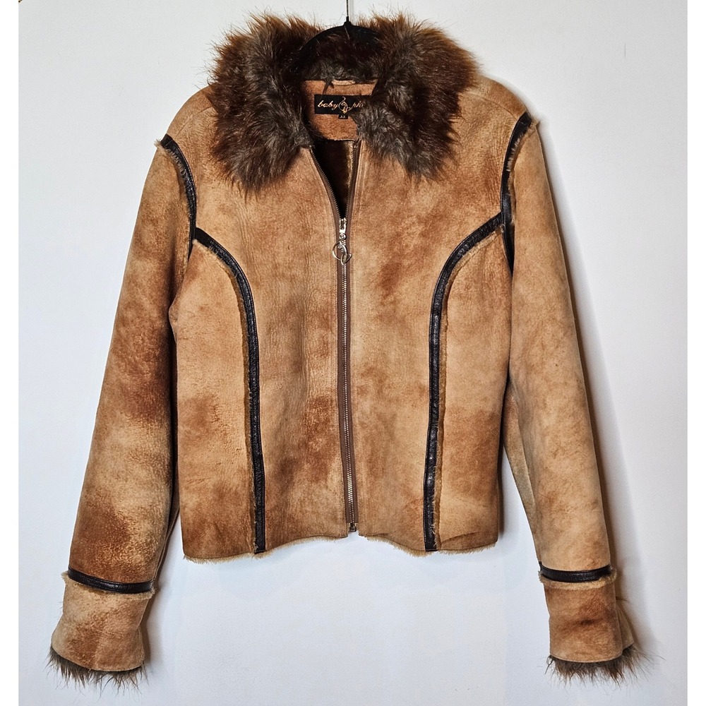 Baby Phat Vintage Genuine Leather Faux Fur Collar Suede Zip Jacket XL Y2K Retro